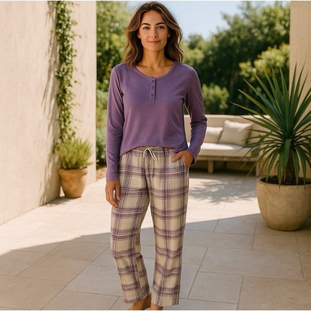 Talbots Womens Pajama Set Long Sleeve Henley Top Plaid Pants Size M
